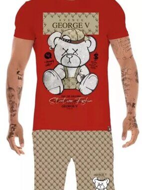 Avenue George V Paris Short Set Men's RED 2 piece set Teddy Bear Large NWT